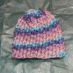 Multicolor Knitted Kids Beanie Hand Knit Striped Winter Hat Gray Blue Purple